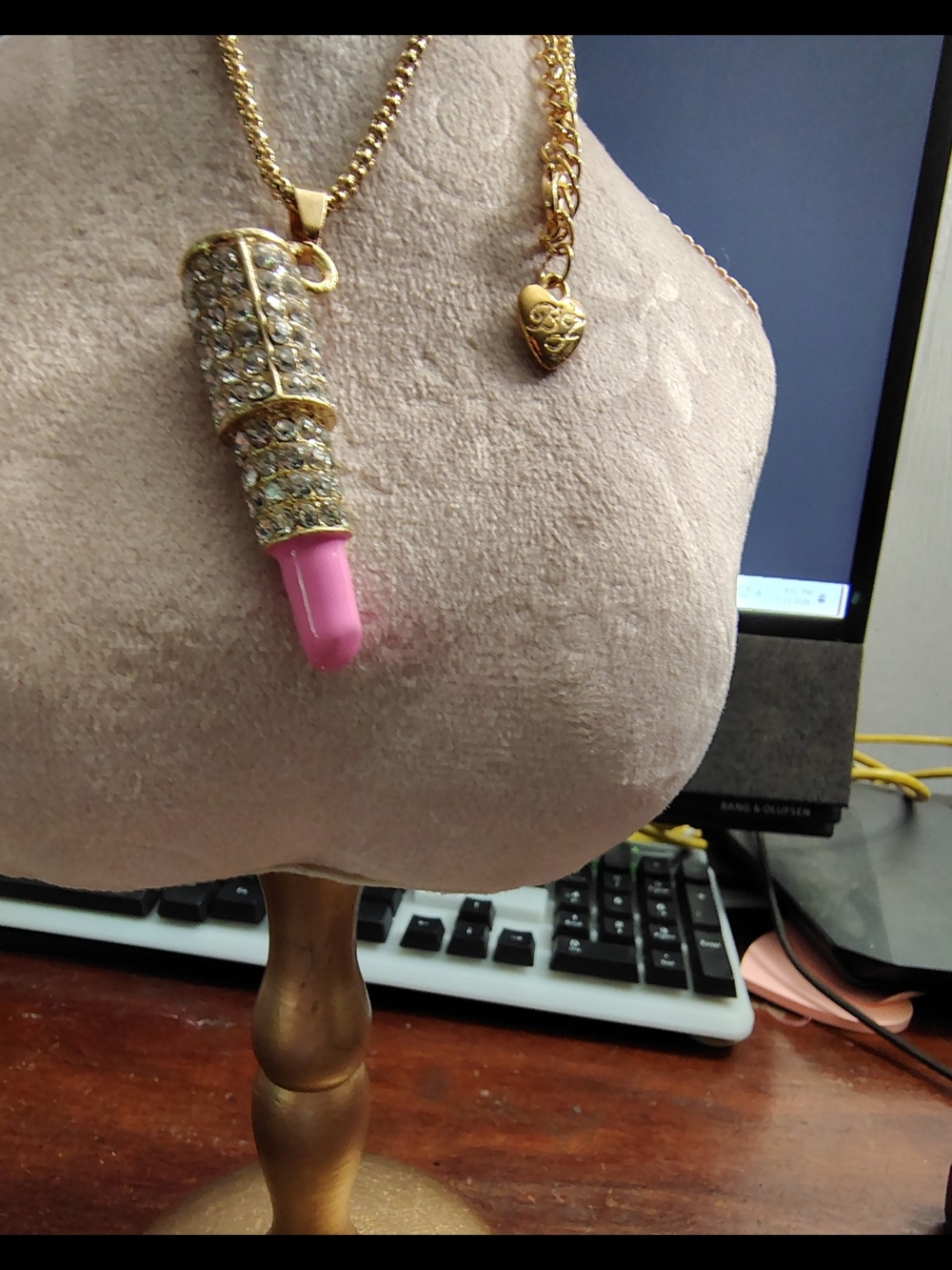 Betsey Johnson Gold Crystal Lipstick Necklace with Pink Tip